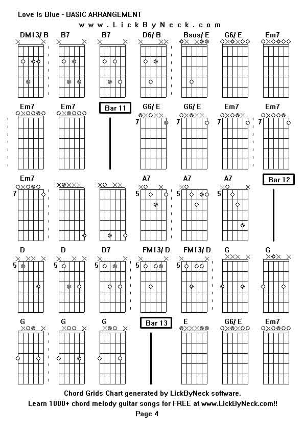 Chord Grids Chart of chord melody fingerstyle guitar song-Love Is Blue - BASIC ARRANGEMENT,generated by LickByNeck software.